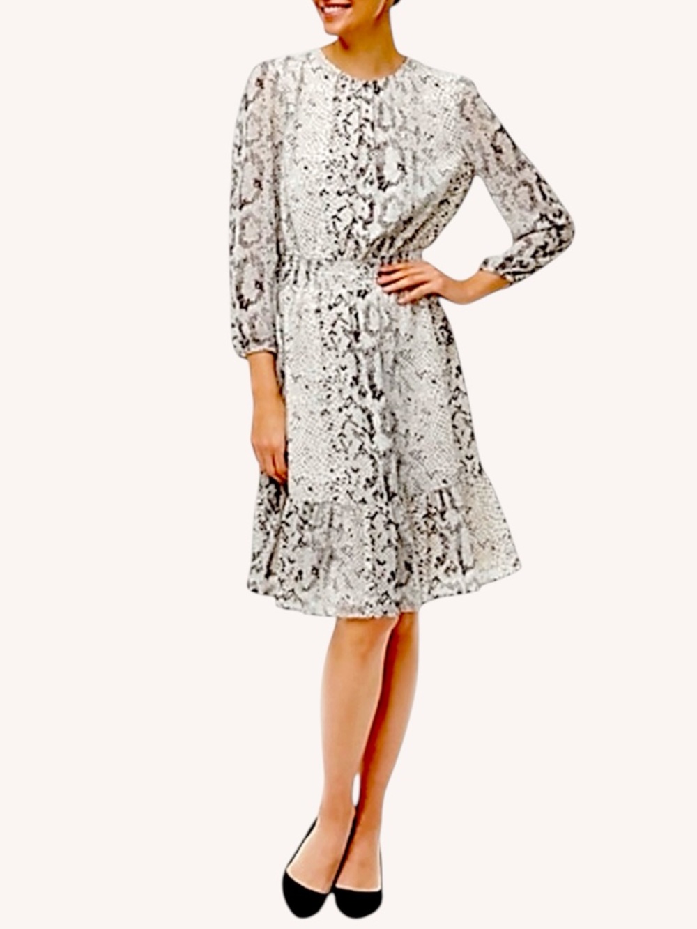 J. Crew Chiffon Flounce Hem Snake-Print Long-Sleeve Midi Dress Women’s Size Xs